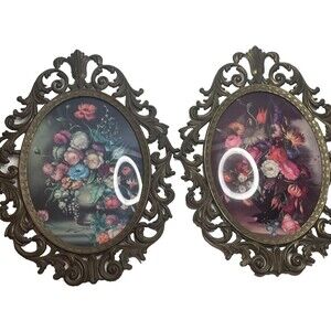 Vintage Italian Oval Brass Wall Art ornate Floral Design Convex Glass Set Of 2